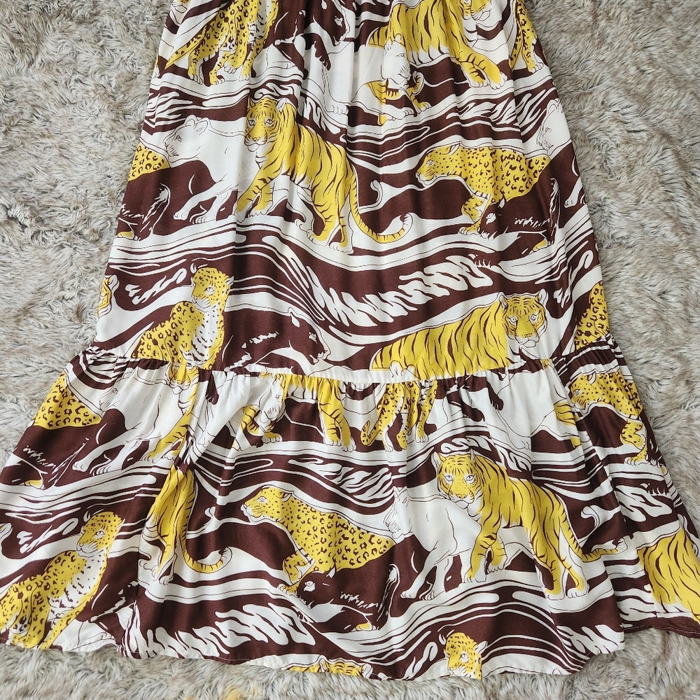 By Anthropologie Ruffle Strap Maxi Dress Brown Motif Women's Size XL Petite - Picture 4 of 12